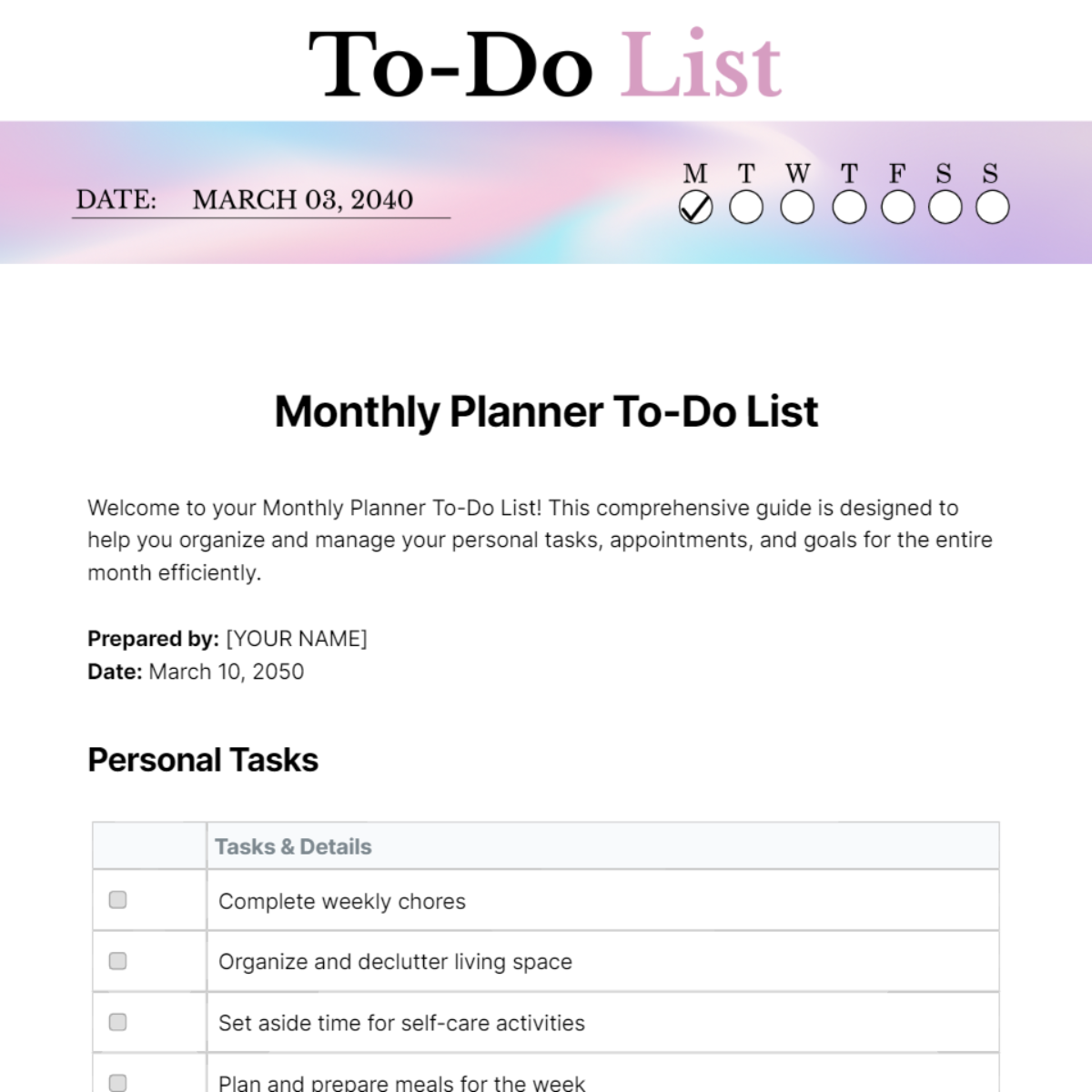 Free Monthly Planner To Do List Template