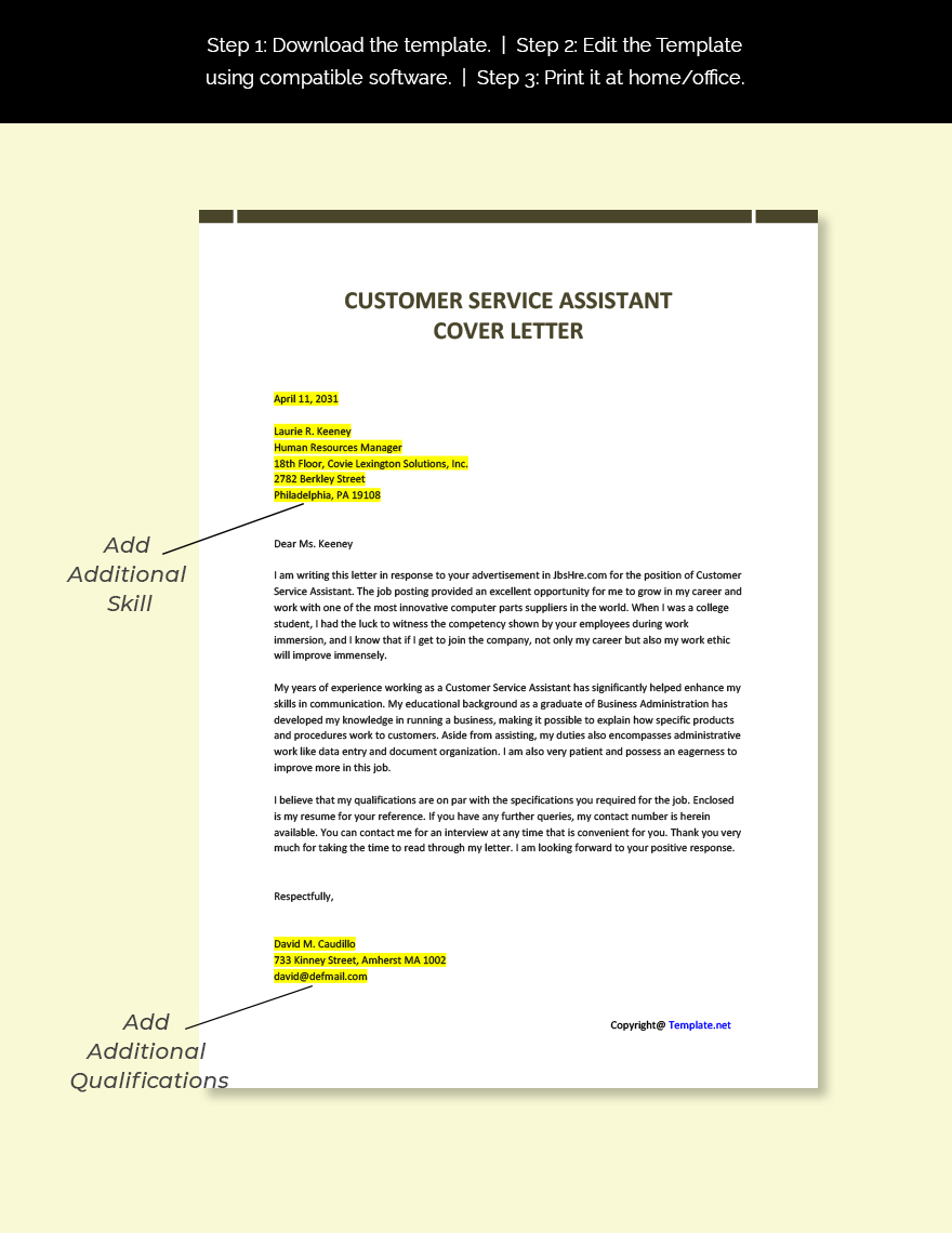 Customer Service Assistant Cover Letter Template