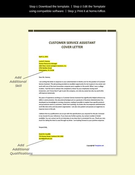 Free Customer Service Assistant Cover Letter Template