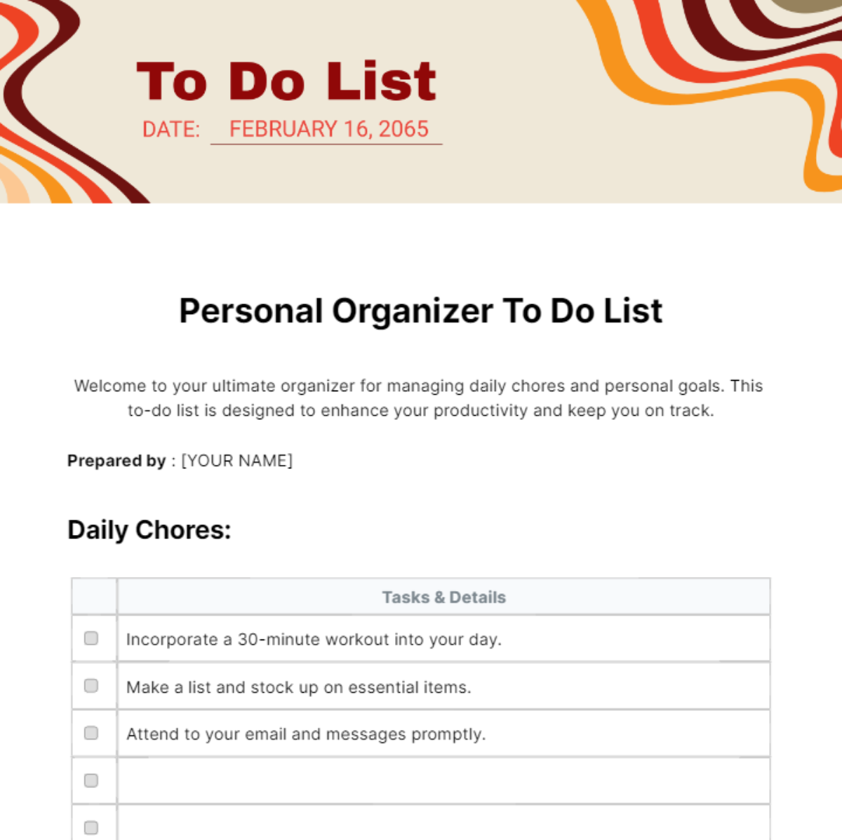 Personal Organizer To Do List Template