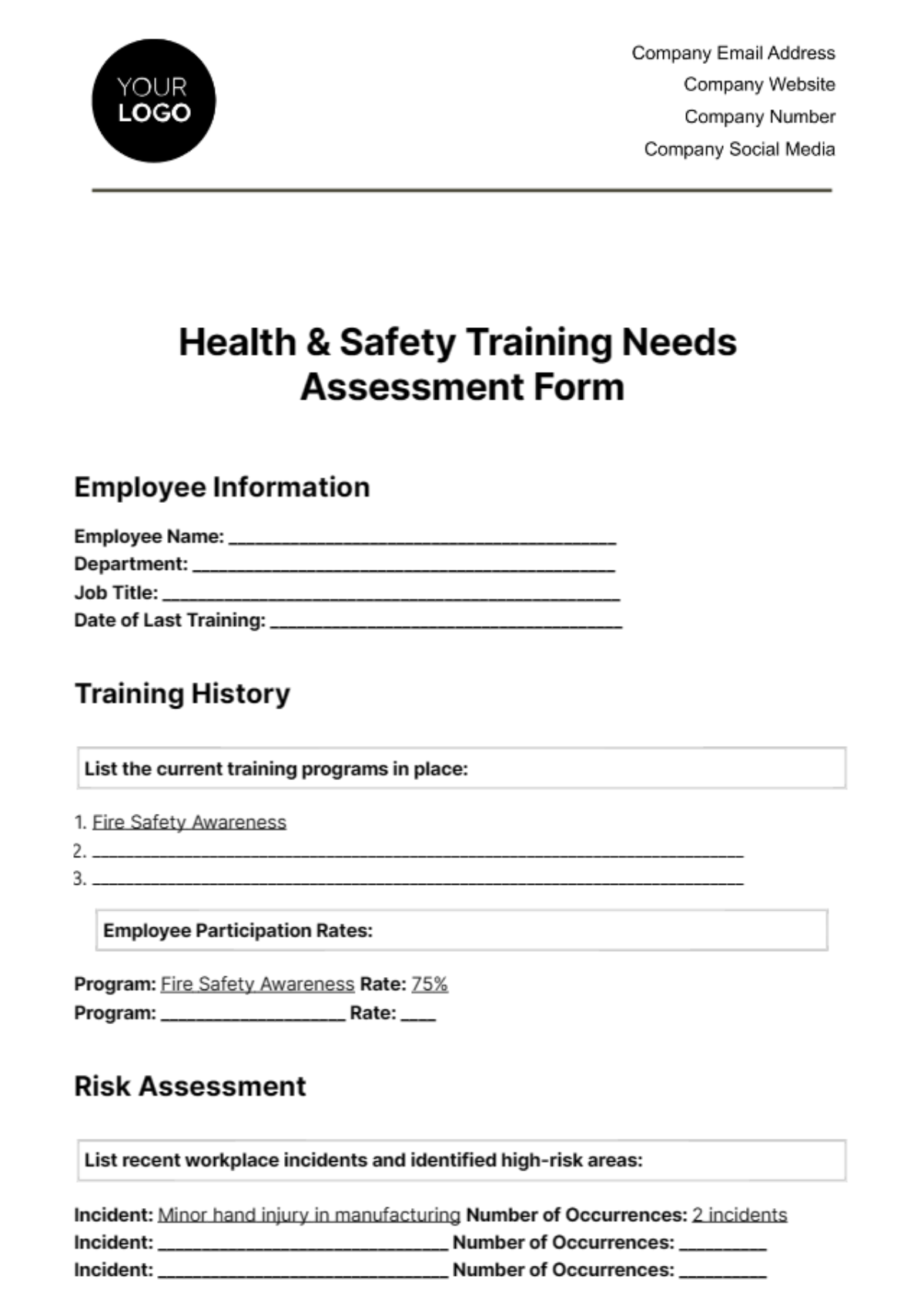 Health & Safety Training Needs Assessment Form Template - Edit Online & Download