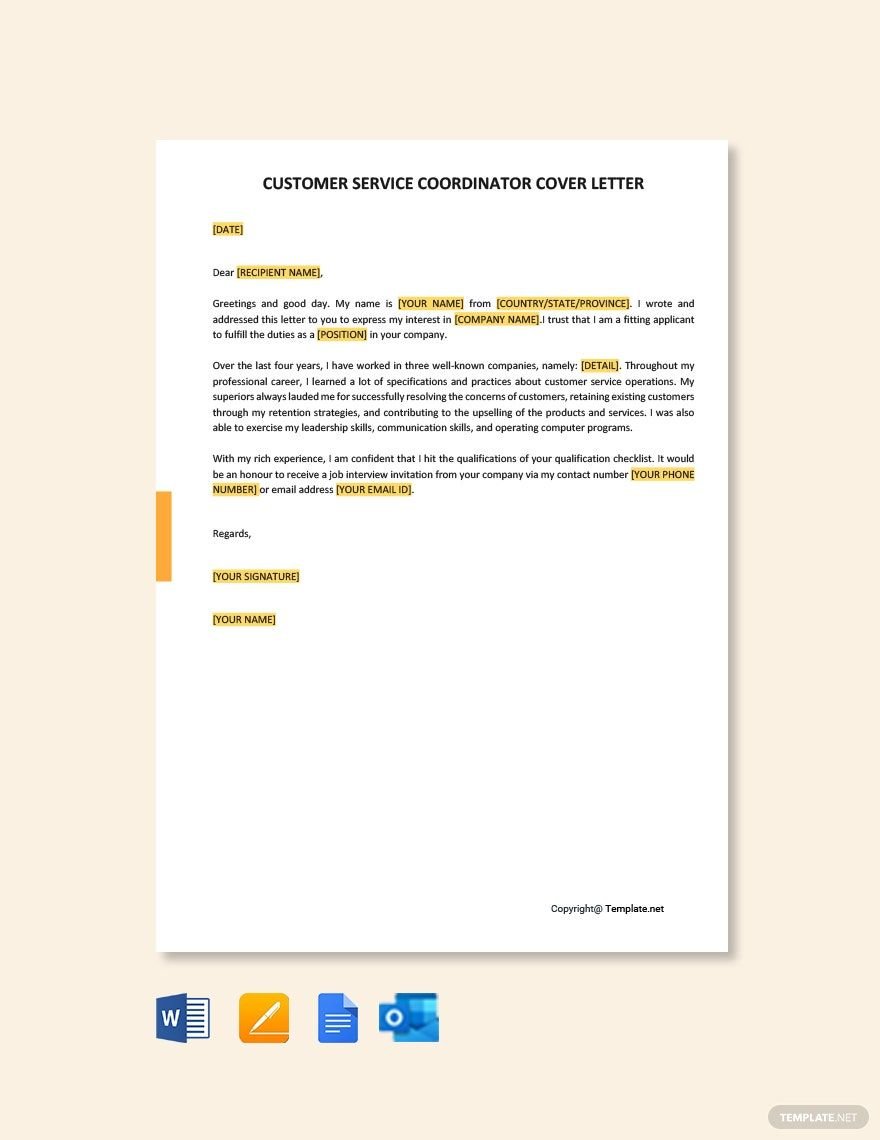Customer Service Coordinator Cover Letter Template