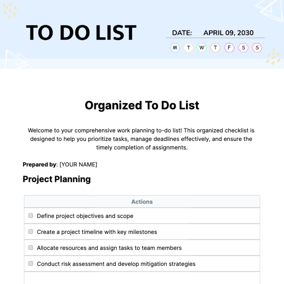 Free Organized To Do List Template