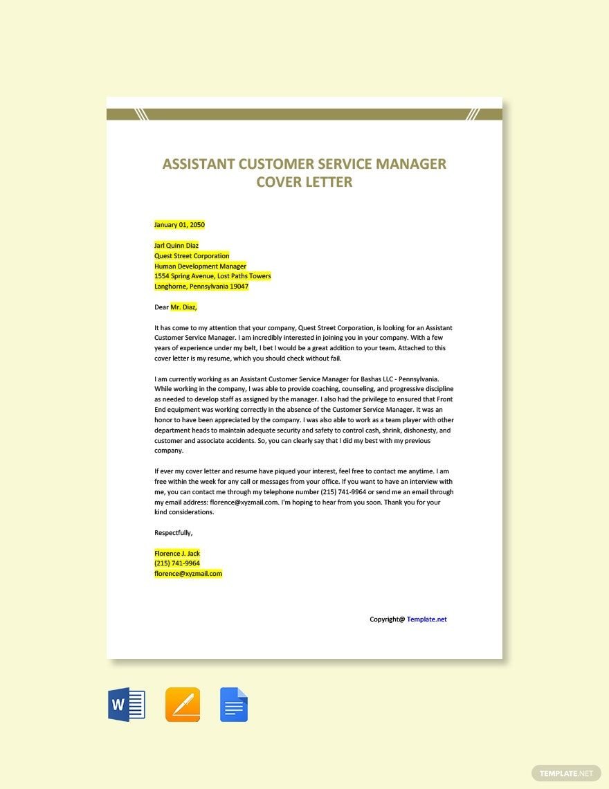 Assistant Customer Service Manager Cover Letter Template