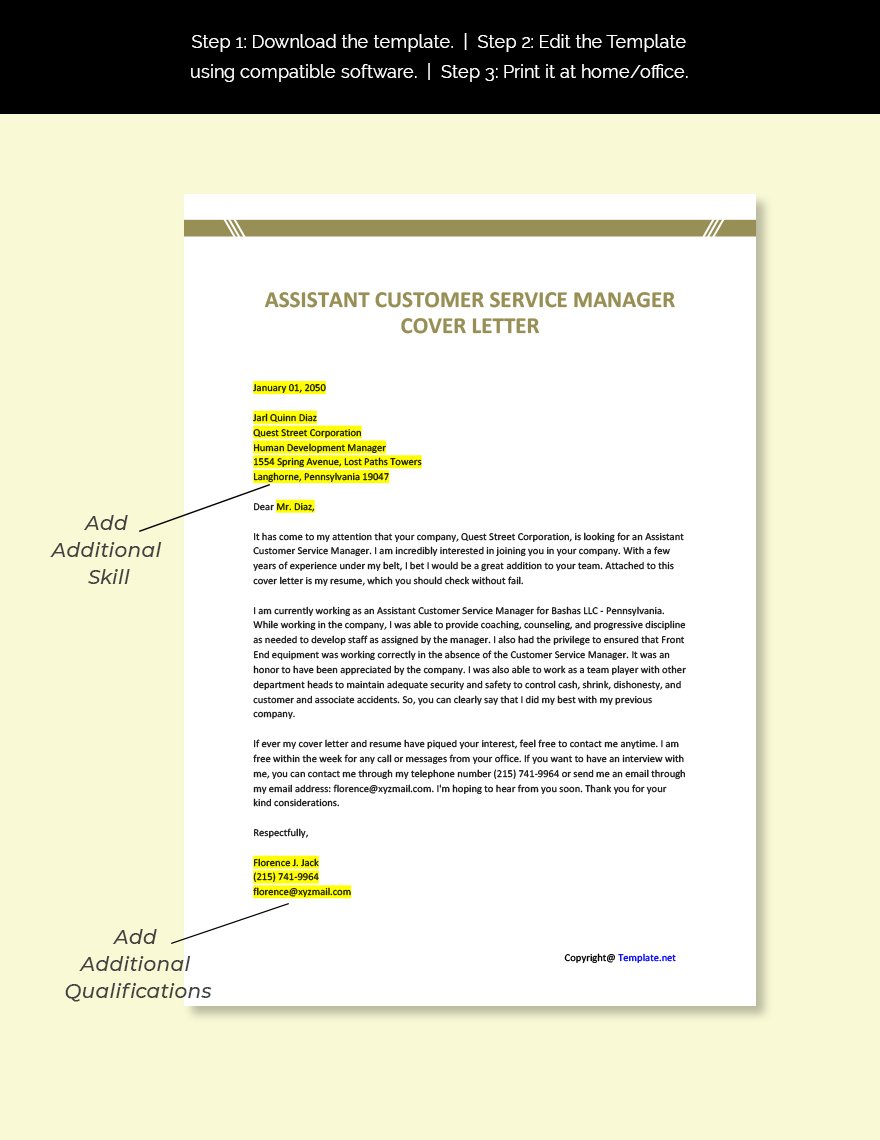 Assistant Customer Service Manager Cover Letter Template