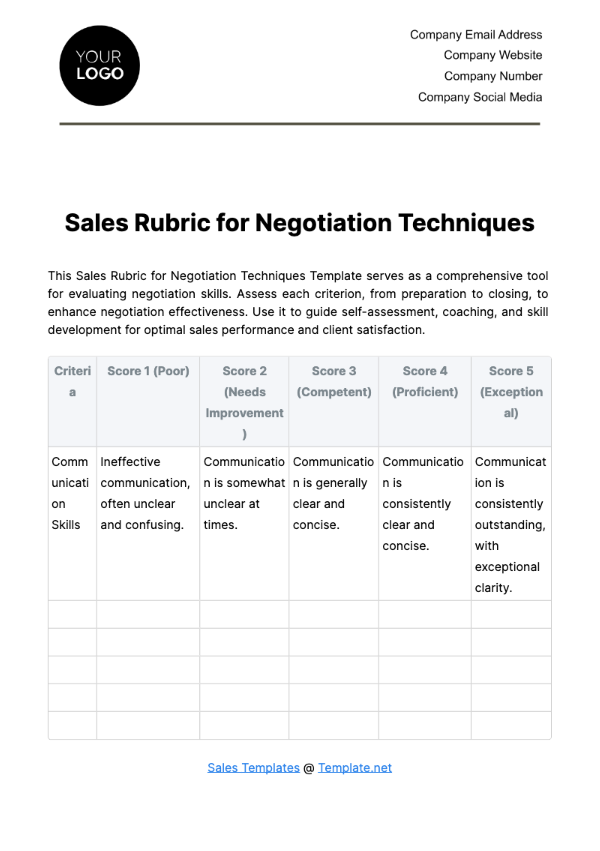 Sales Rubric for Negotiation Techniques Template