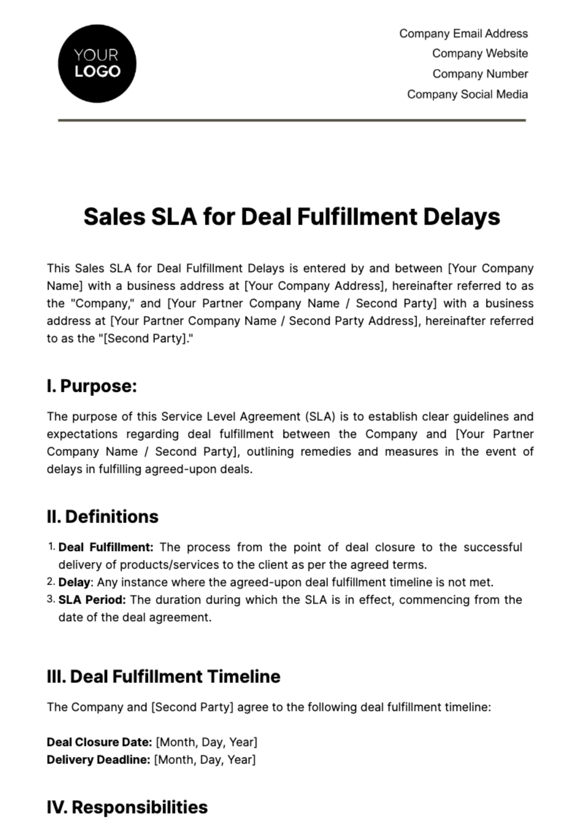 Sales SLA for Deal Fulfillment Delays Template