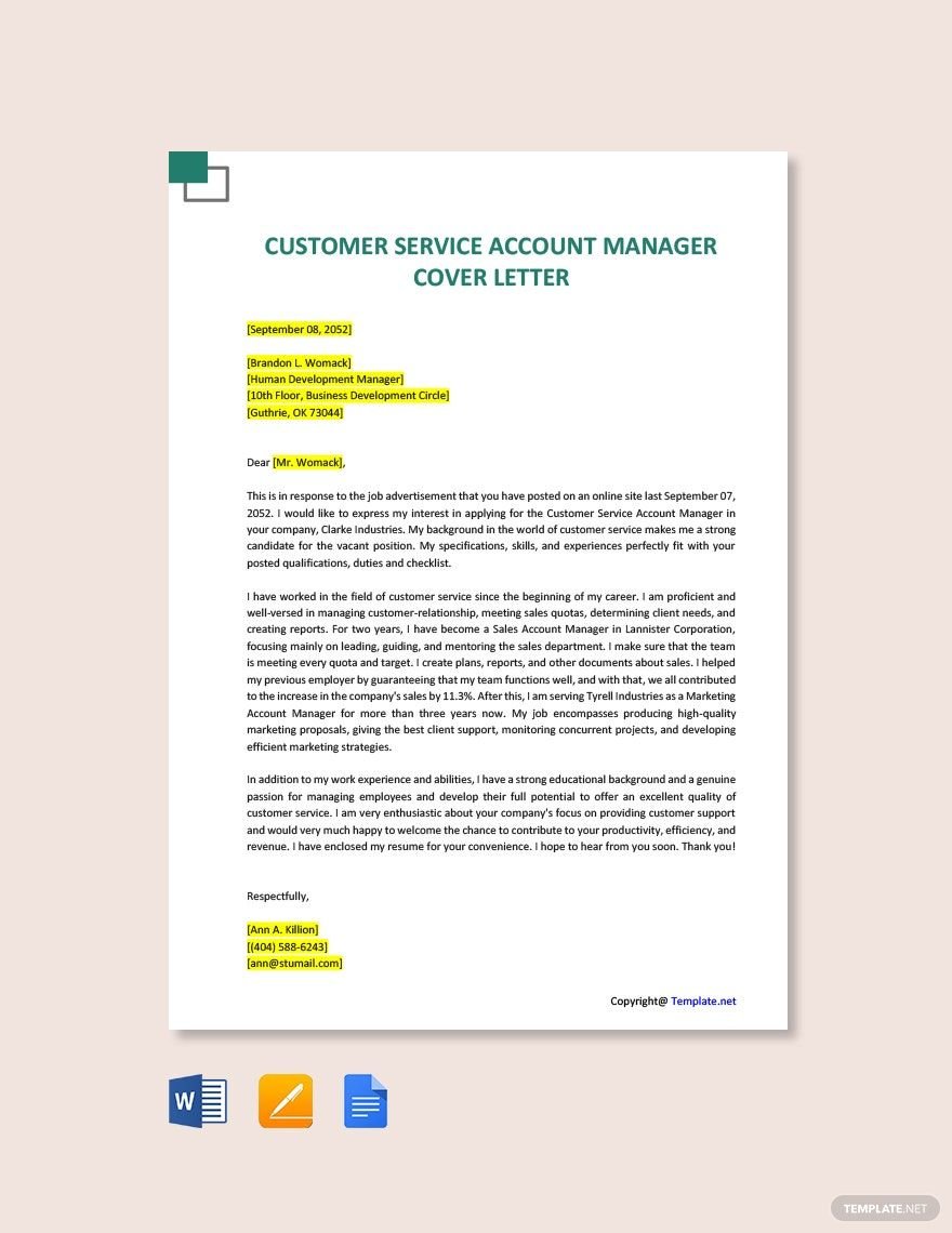 Customer Service Account Manager Cover Letter Template