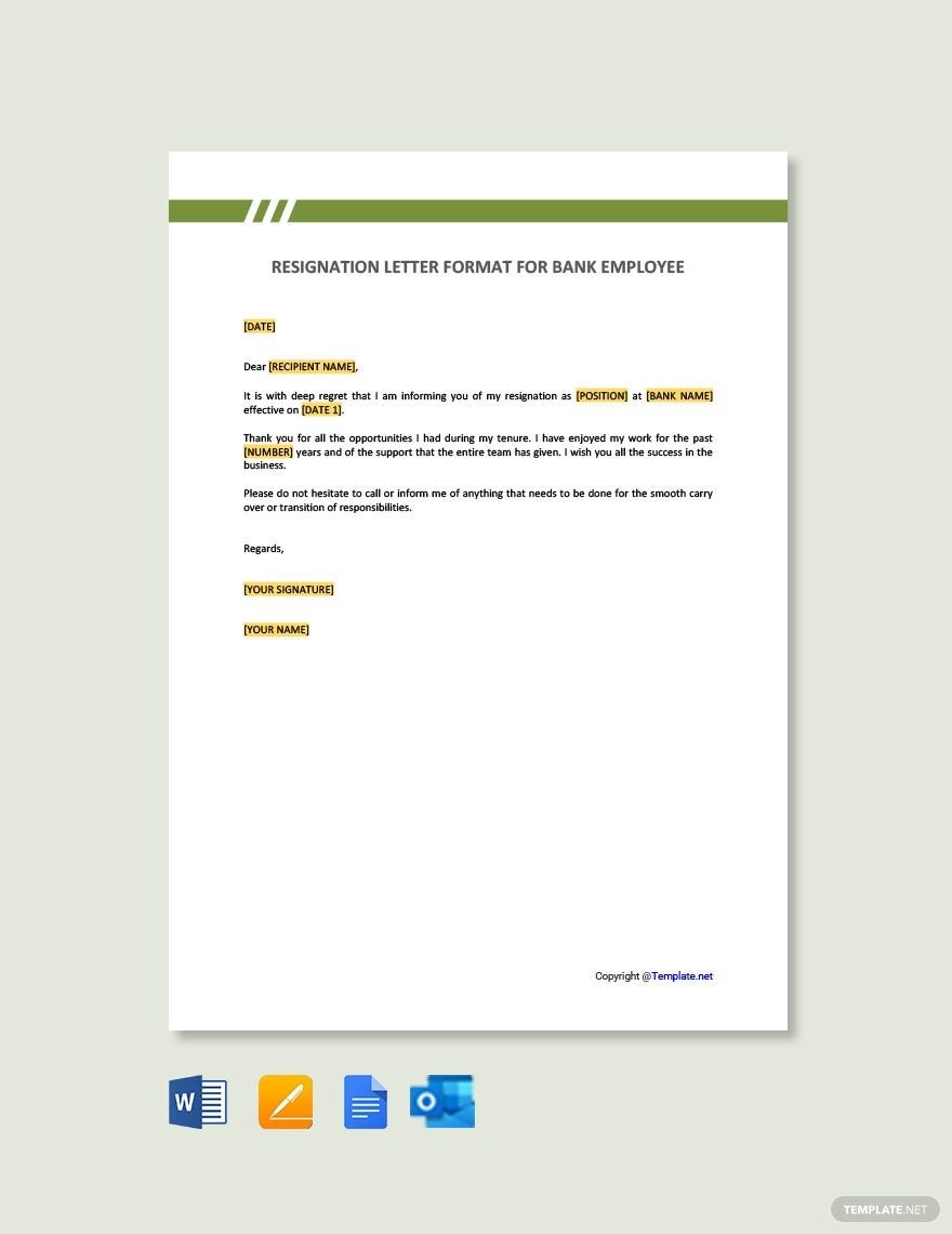 Resignation Letter Format for Bank Employee in Word, Google Docs, PDF, Apple Pages, Outlook