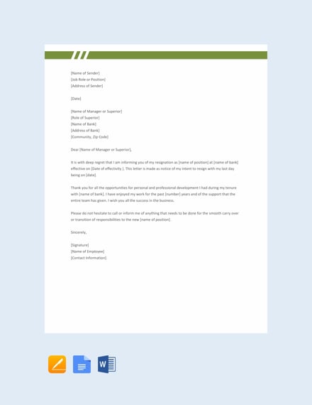 FREE Resignation Letter Format for Bank Employee Template - Word | Google Docs | Apple Pages ...