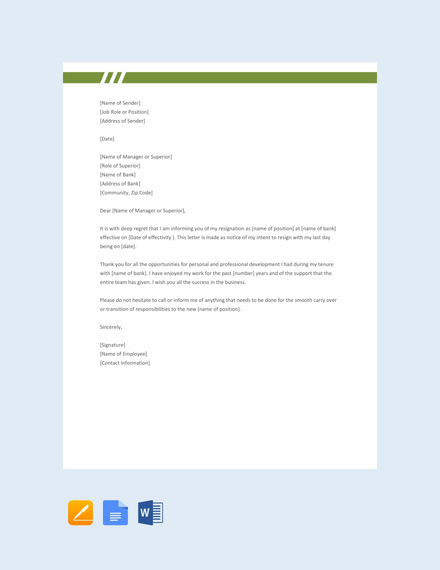 FREE Resignation Letter Format for Bank Employee Template - Word | Google Docs | Apple Pages ...