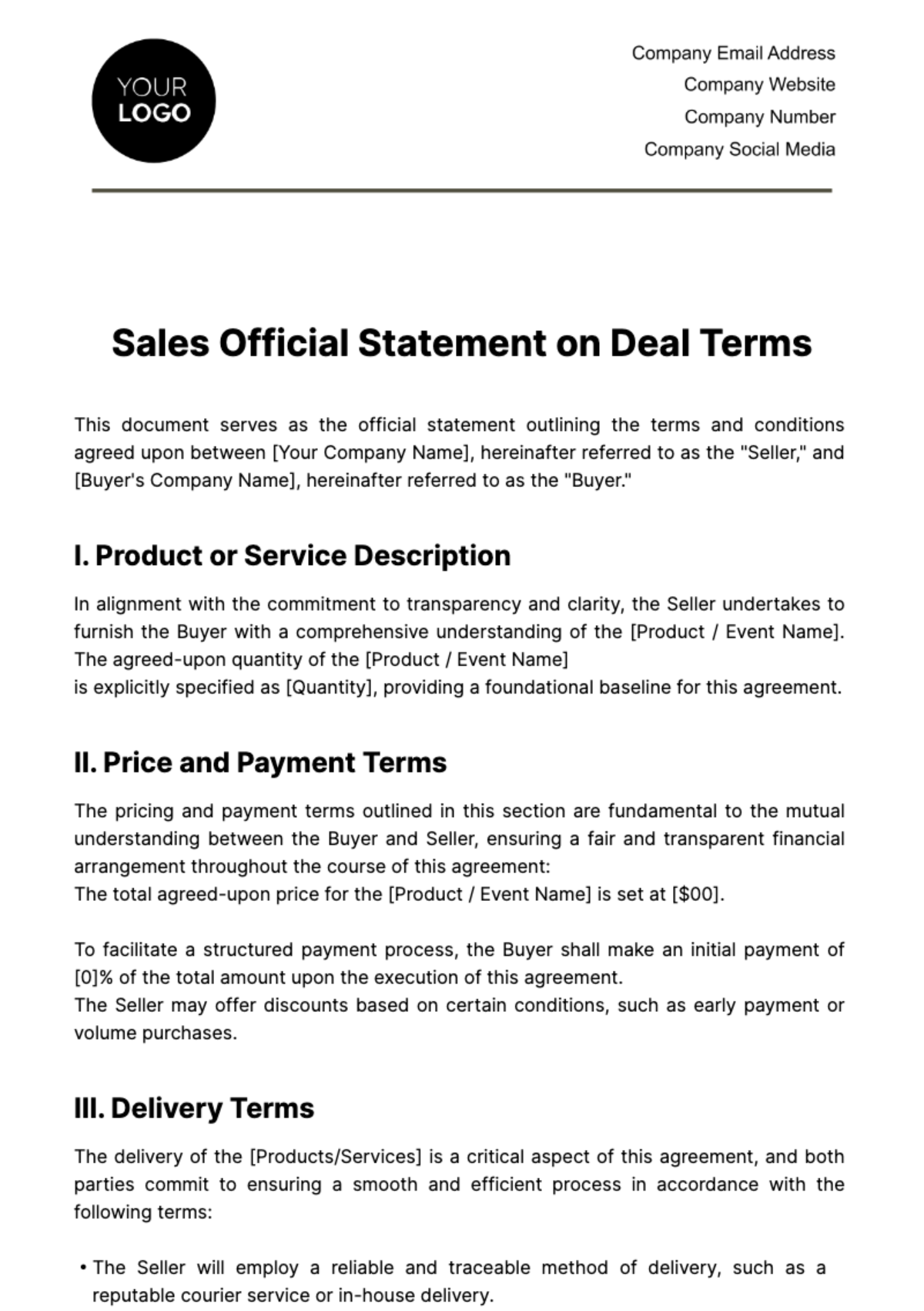 Sales Official Statement on Deal Terms Template