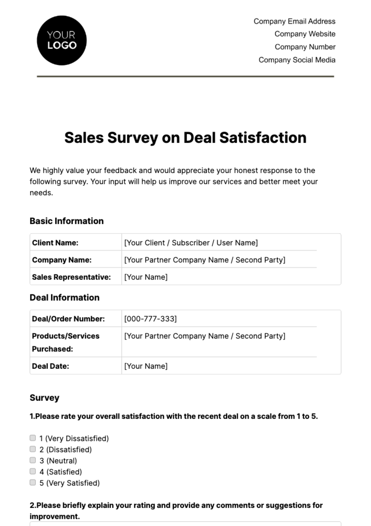 Sales Survey on Deal Satisfaction Template