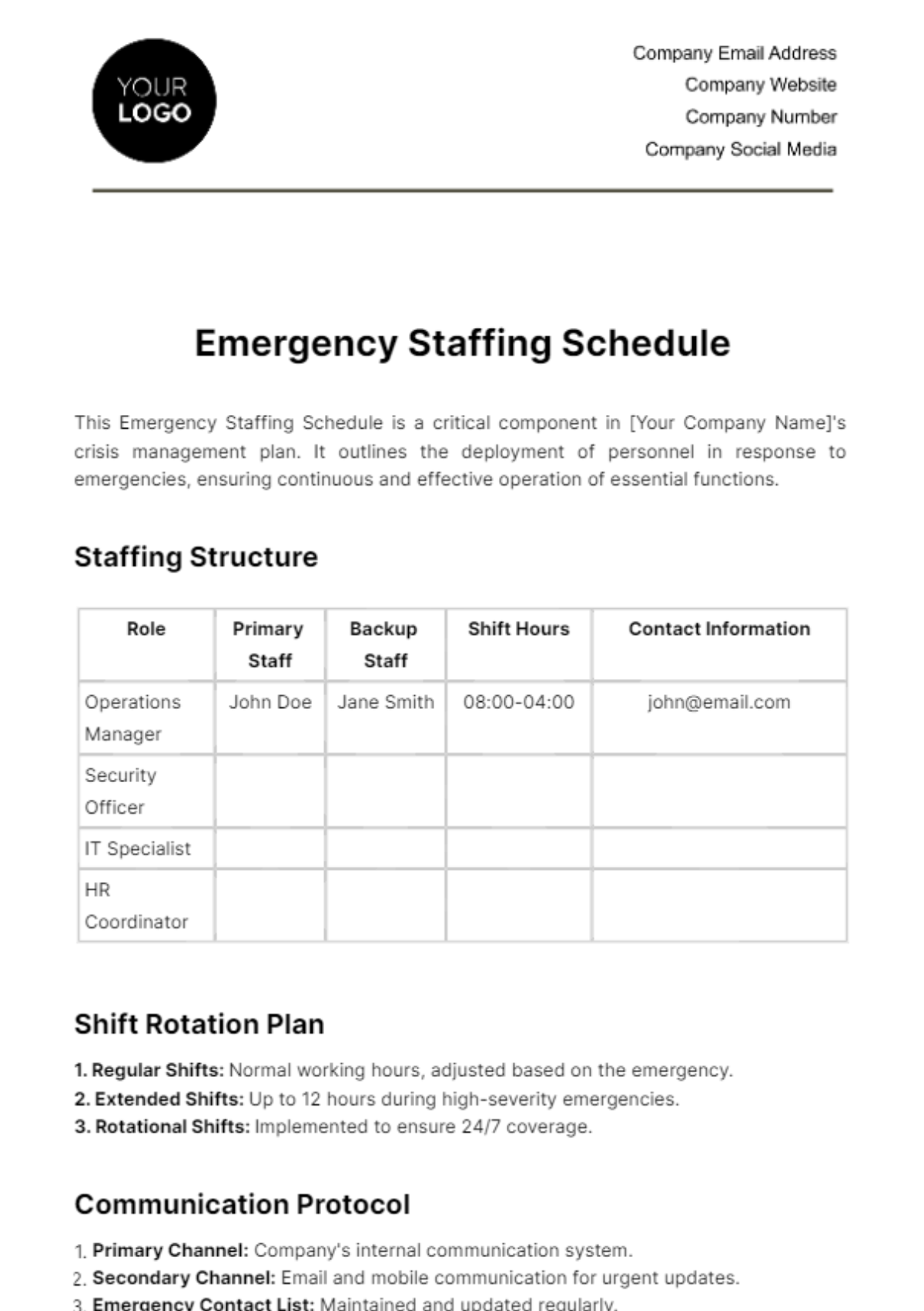 Emergency Staffing Schedule Template