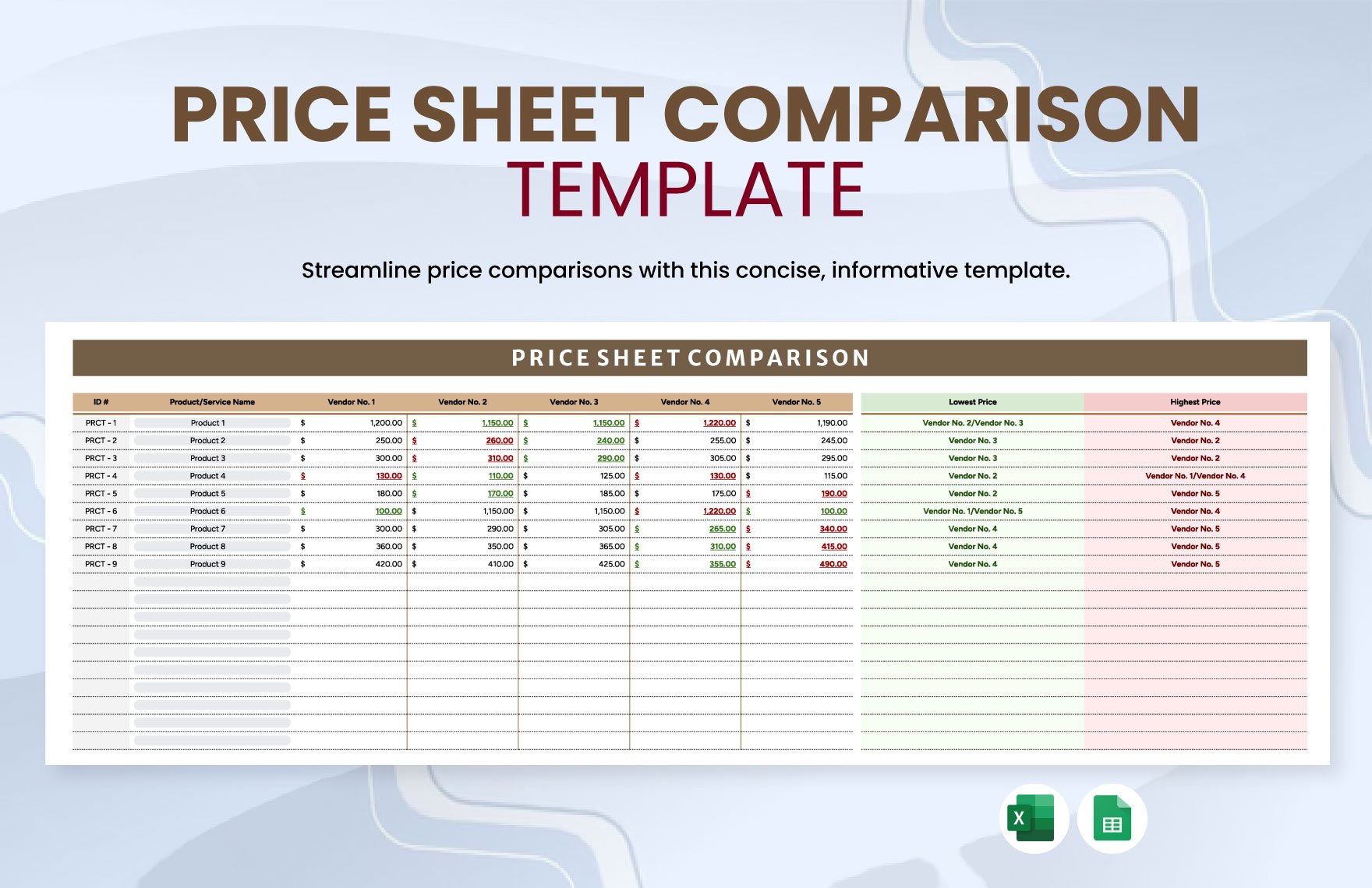 Price Sheet Comparison Template in Excel, Google Sheets