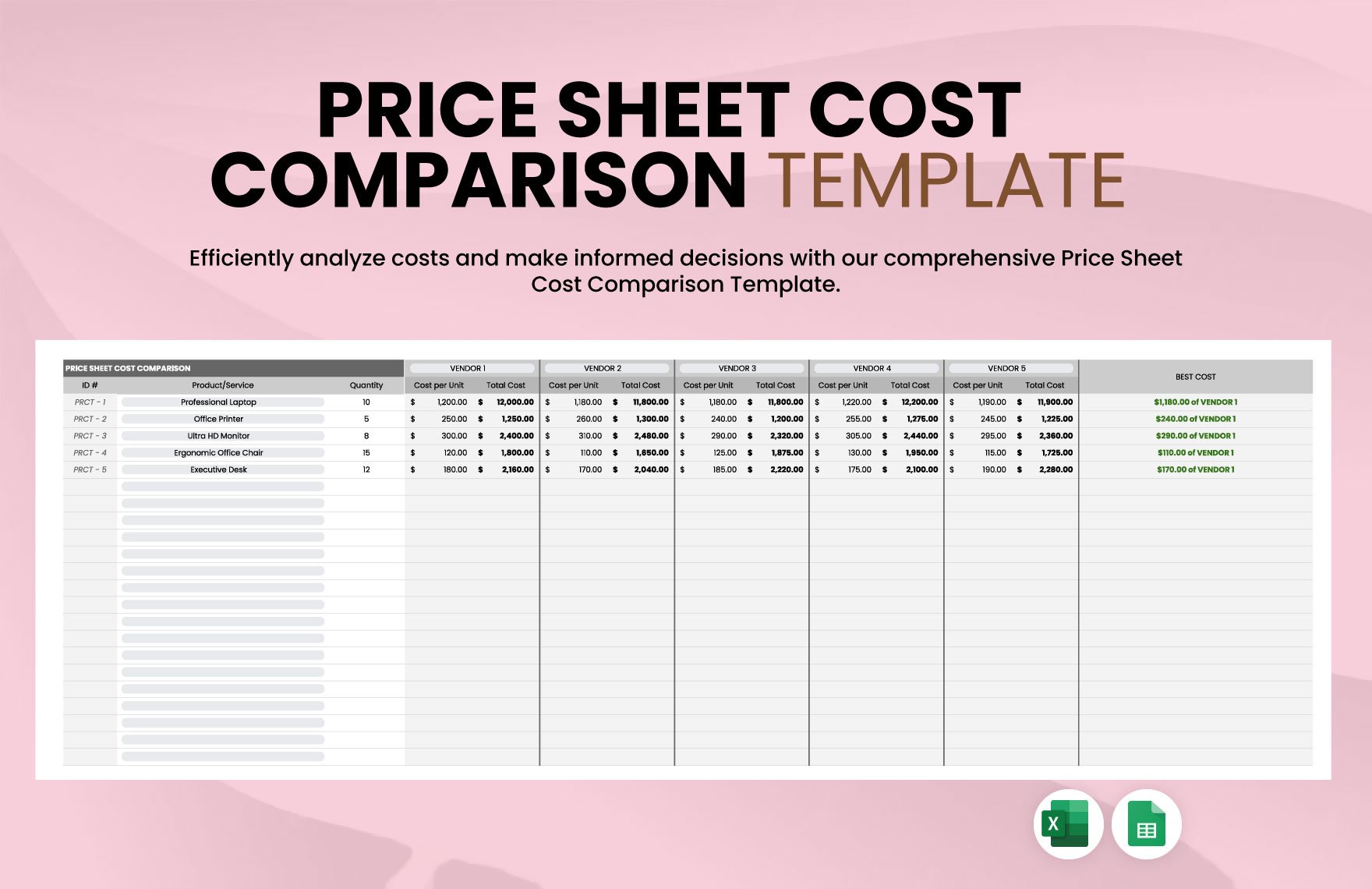 Price Sheet Cost Comparison Template
