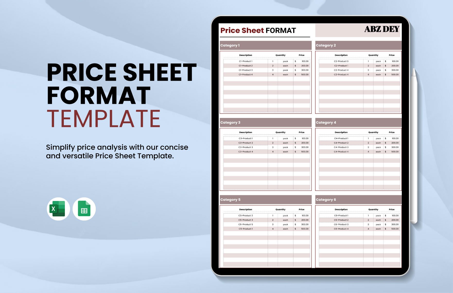 Price Sheet Format Template in Excel, Google Sheets