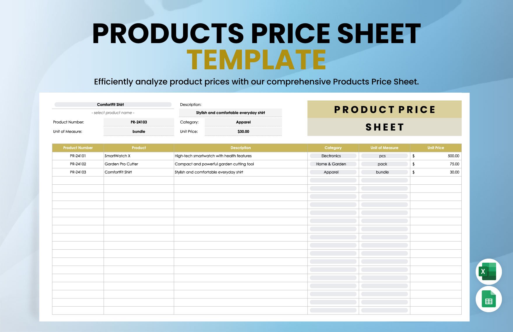 Products Price Sheet Template in Excel, Google Sheets