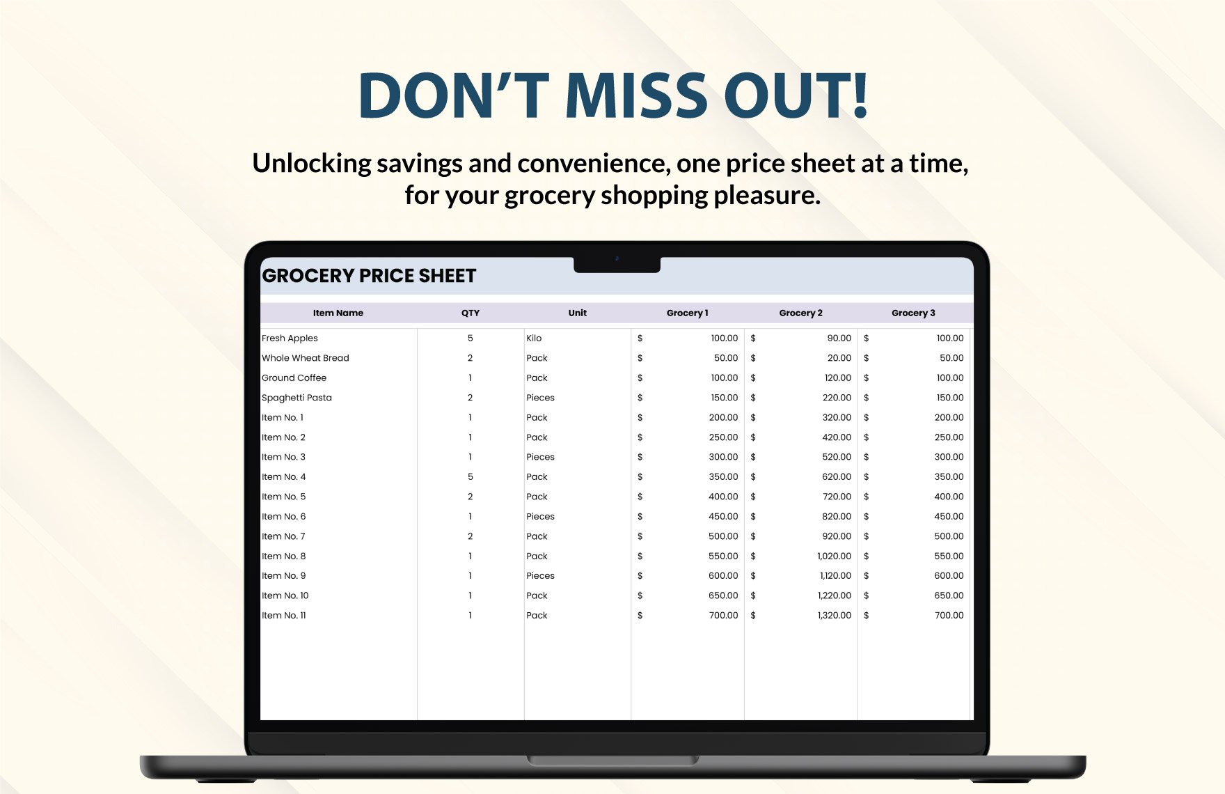 Grocery Price Sheet Template