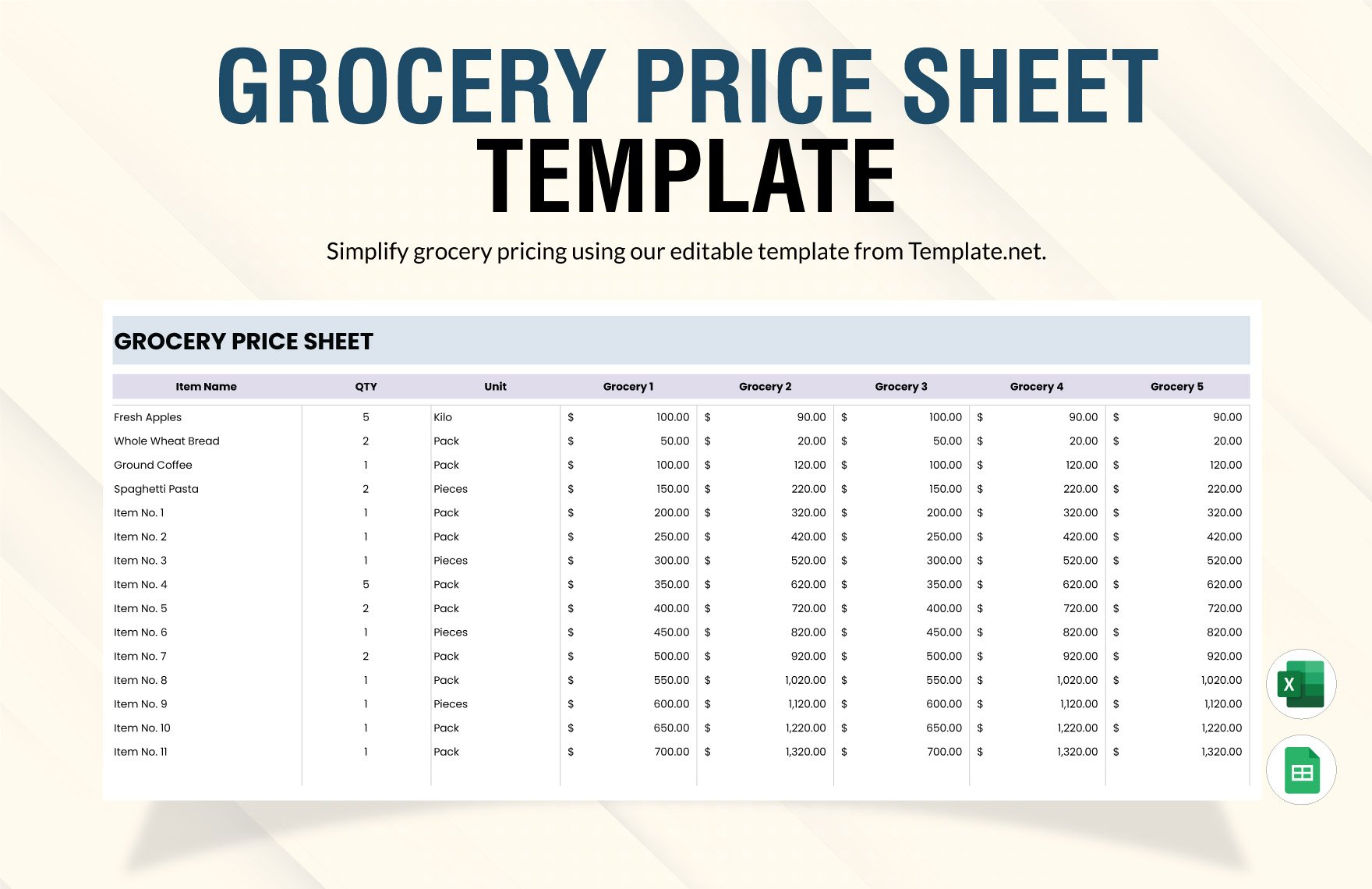 Grocery Price Sheet Template in Excel, Google Sheets