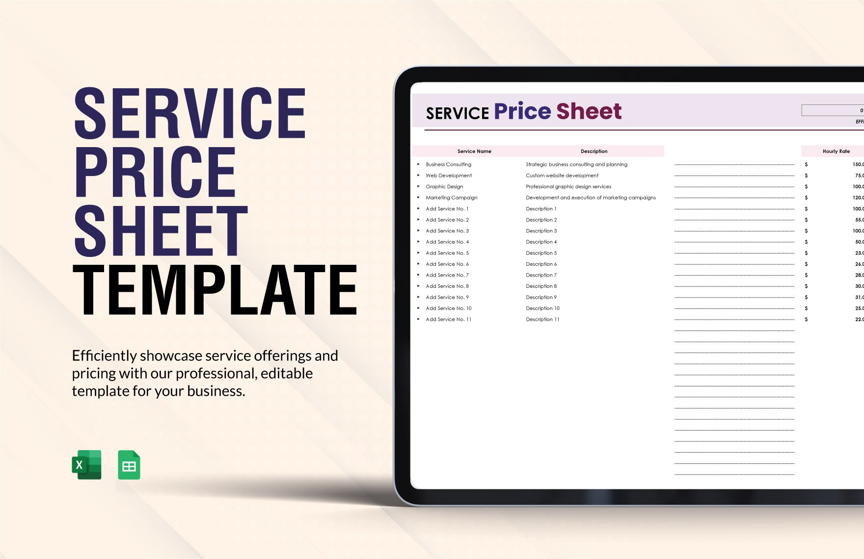 Service Price Sheet Template in Excel, Google Sheets