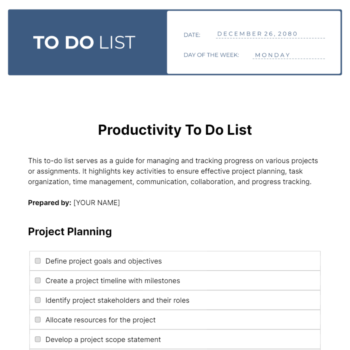 Free Productivity To Do List Template