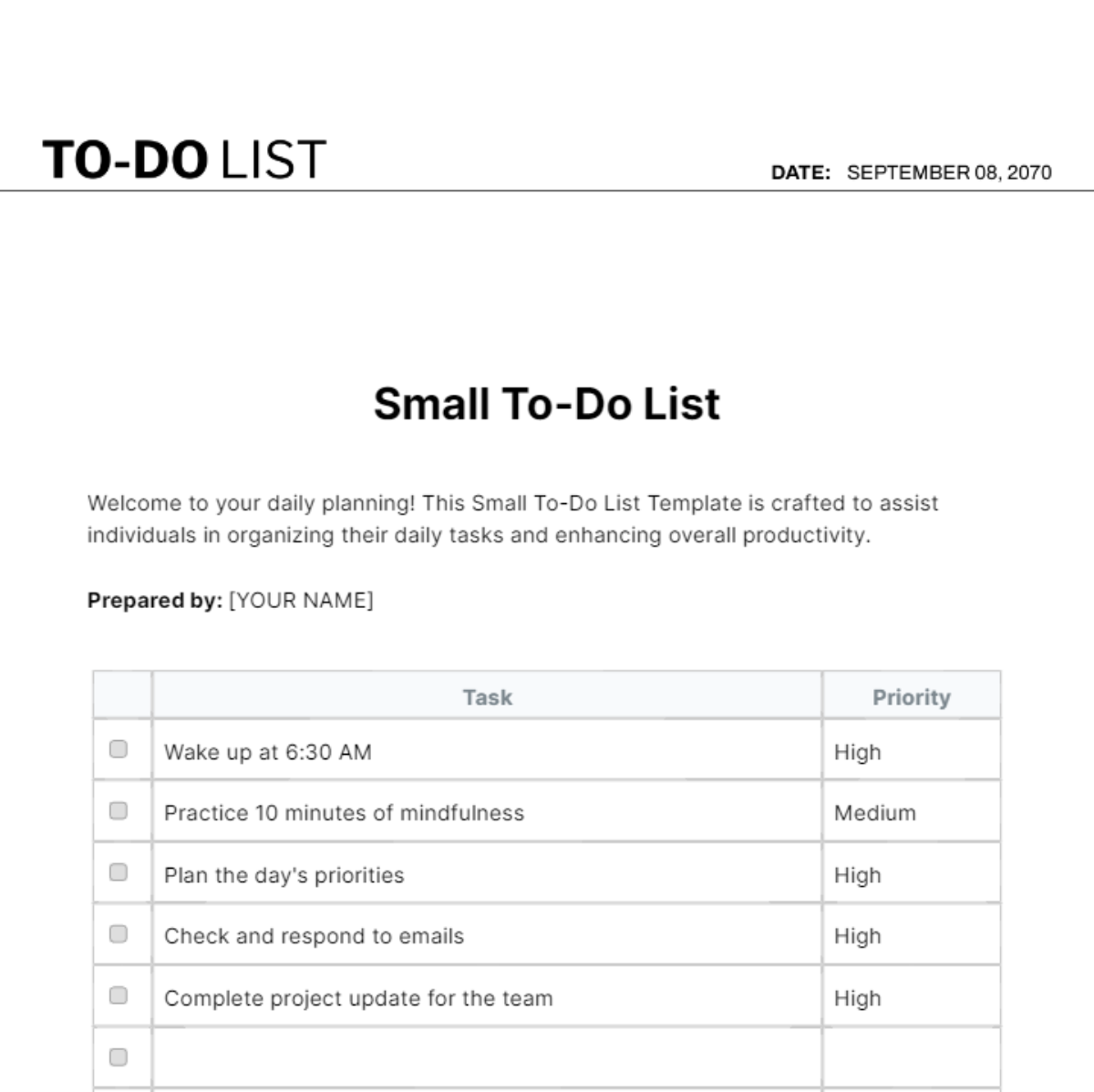 Small To Do List Template