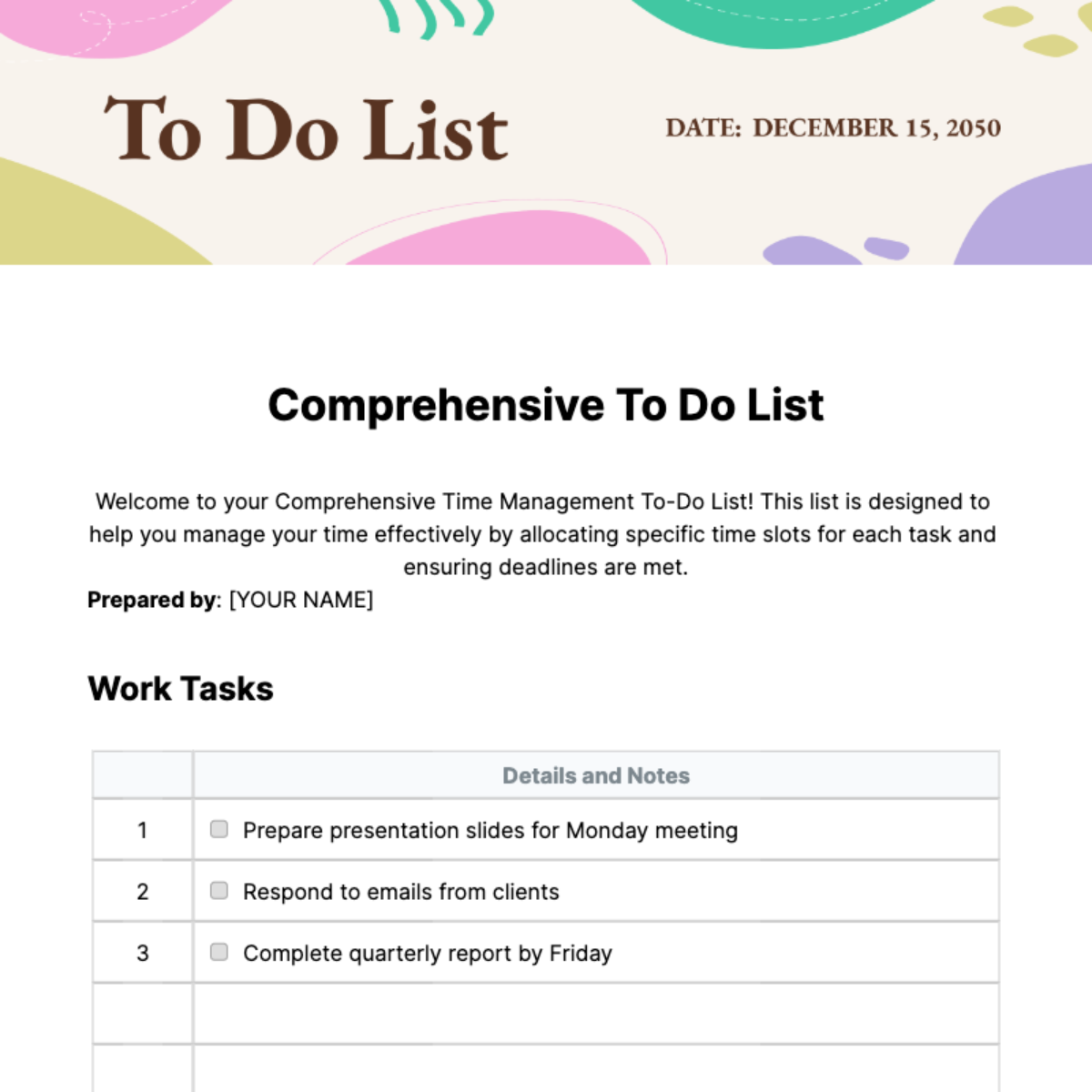 Free Comprehensive To Do List Template