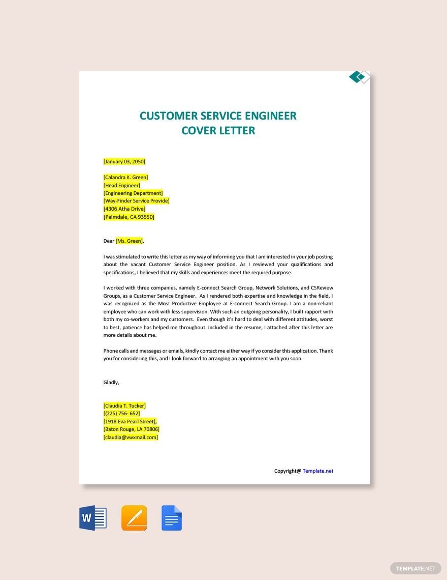 Customer Service Engineer Cover Letter Template