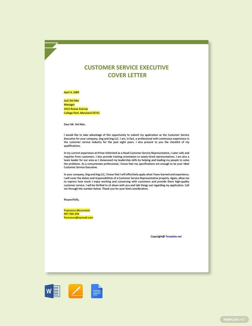 Customer Service Executive Cover Letter Template