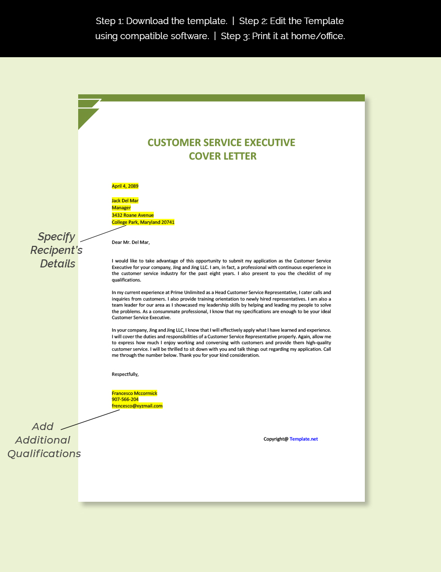 Customer Service Executive Cover Letter Template