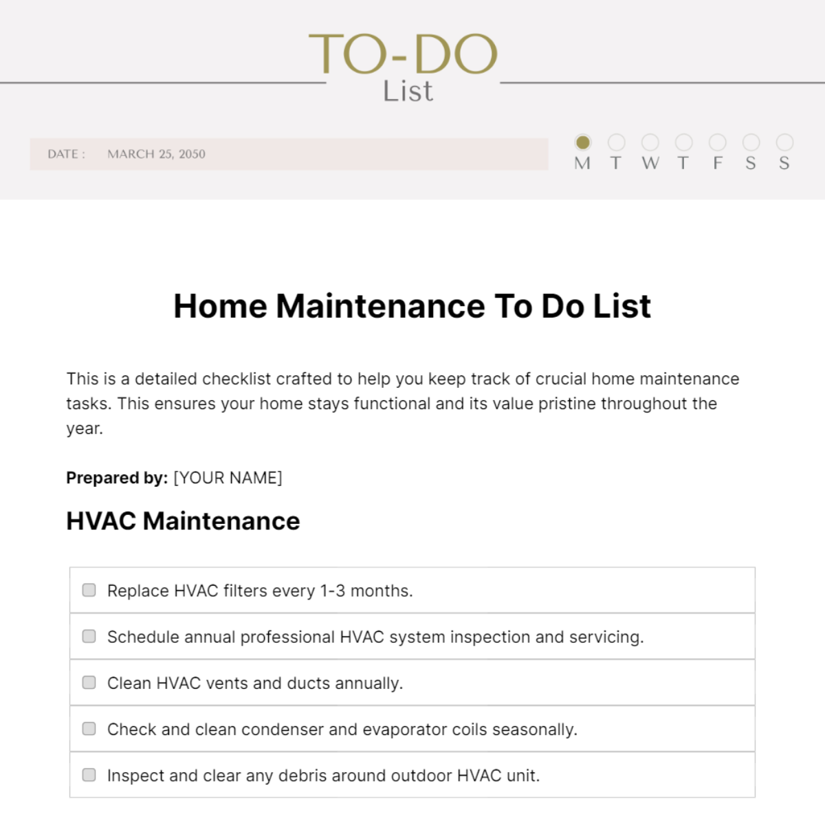 Home Maintenance To Do List Template