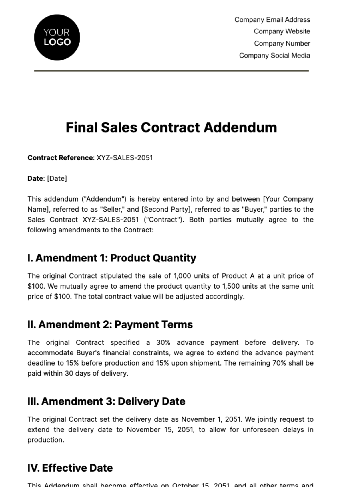 Sales Final Sales Contract Addendum Template