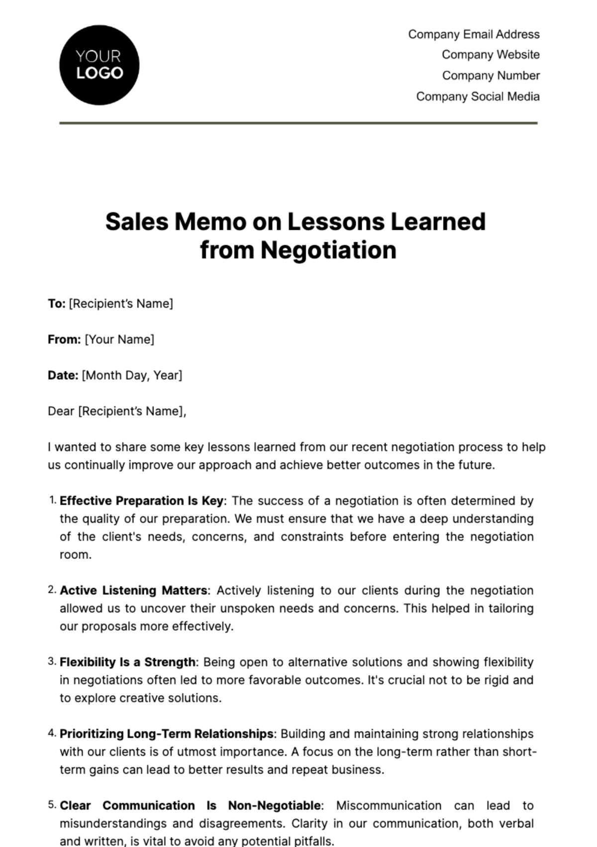 Sales Memo on Lessons Learned from Negotiation Template