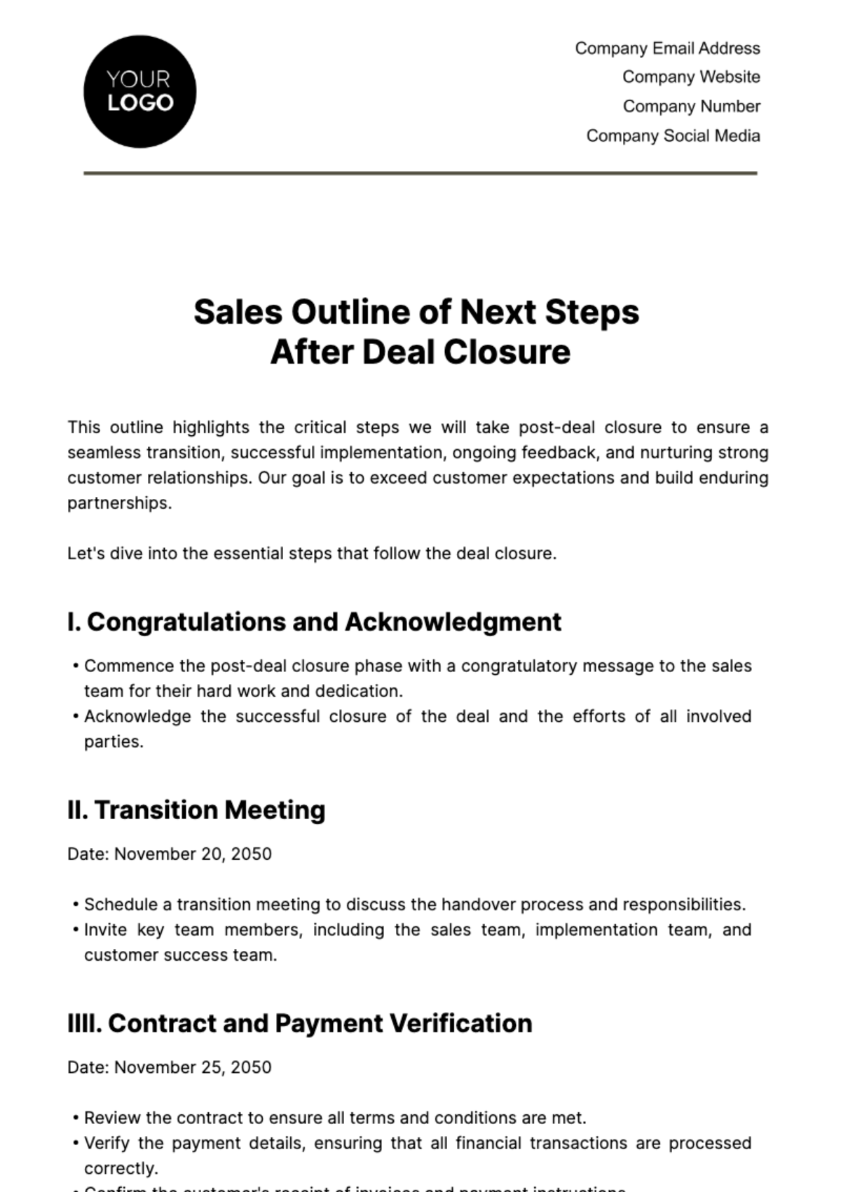 Sales Outline of Next Steps after Deal Closure Template