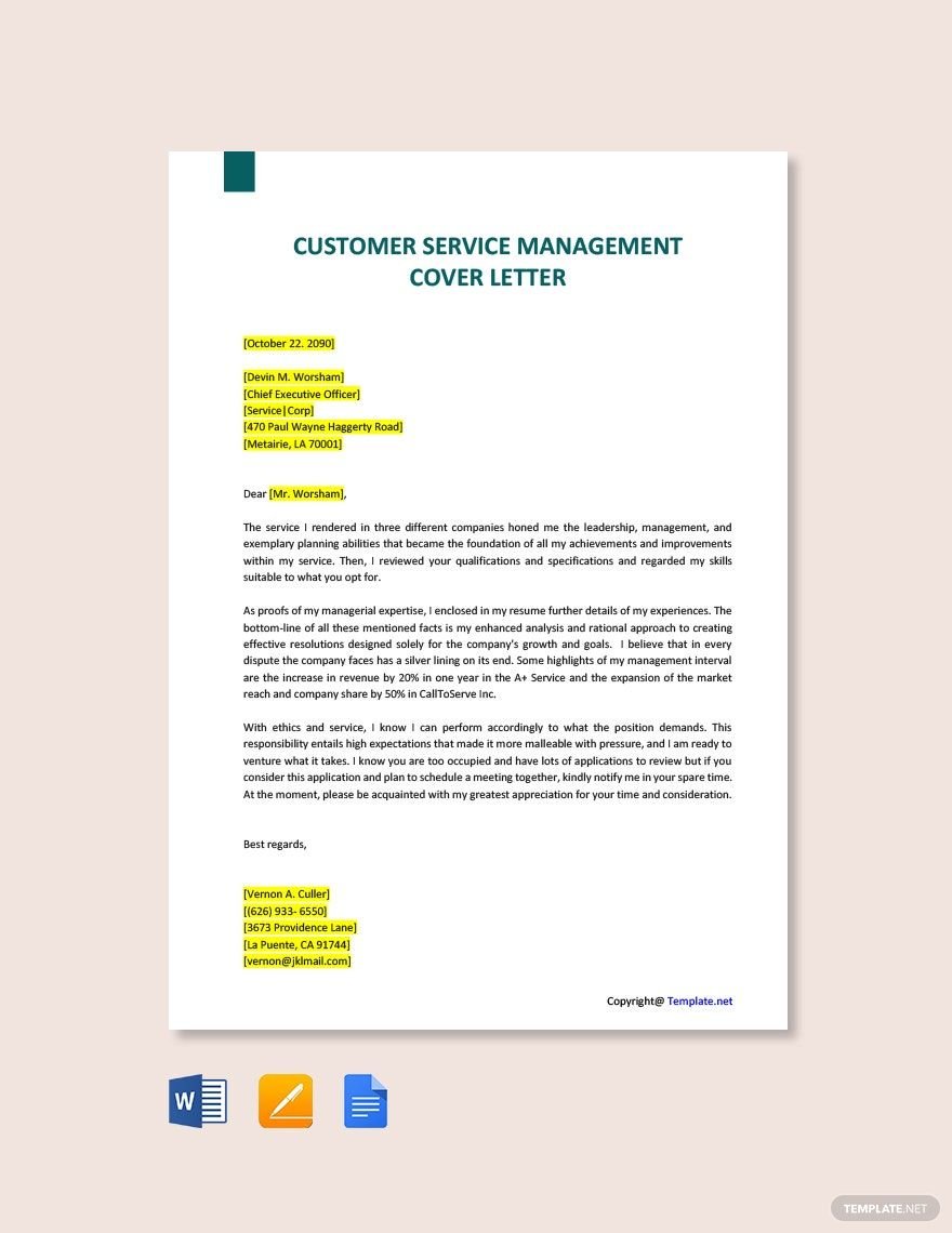 Customer Service Management Cover Letter