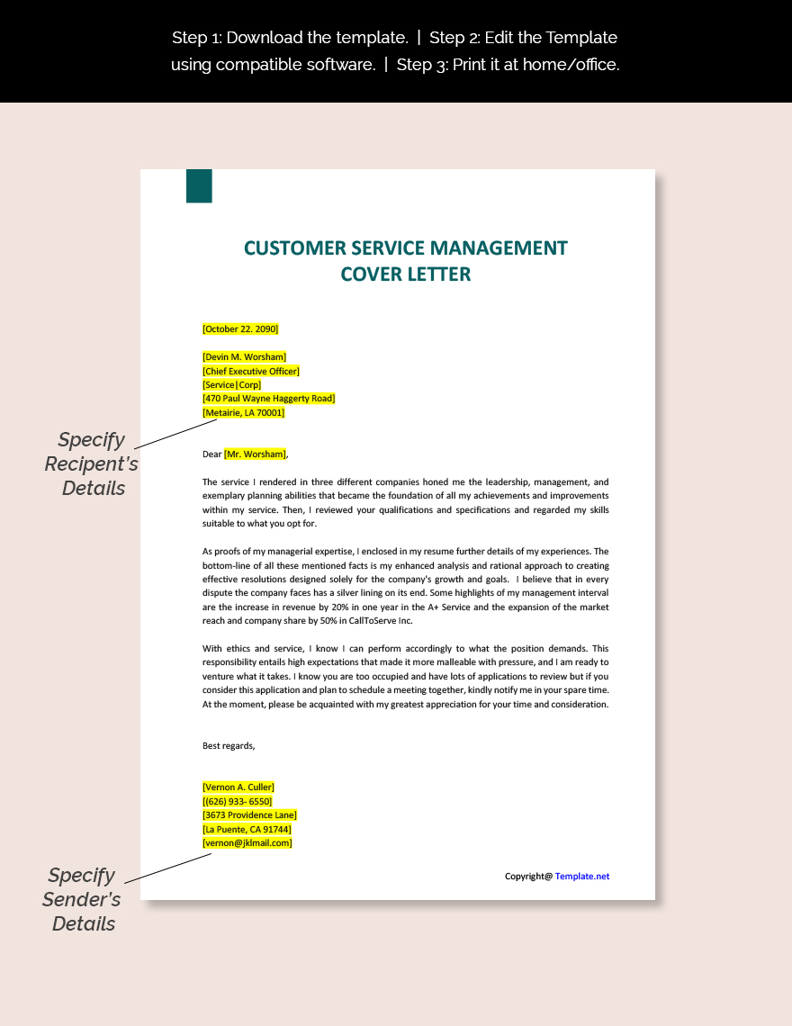 Customer Service Management Cover Letter Template