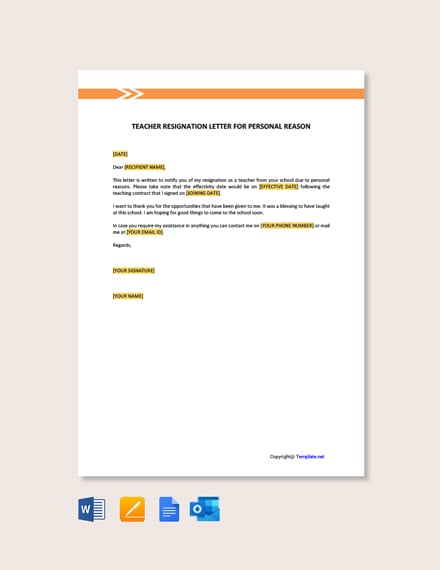 Teacher Resignation Letter For Personal Reasons Template Google Docs Word Template Net