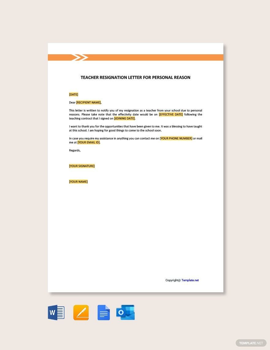 Teacher Resignation Letter for Personal Reasons Template in Word, Google Docs, PDF, Apple Pages, Outlook
