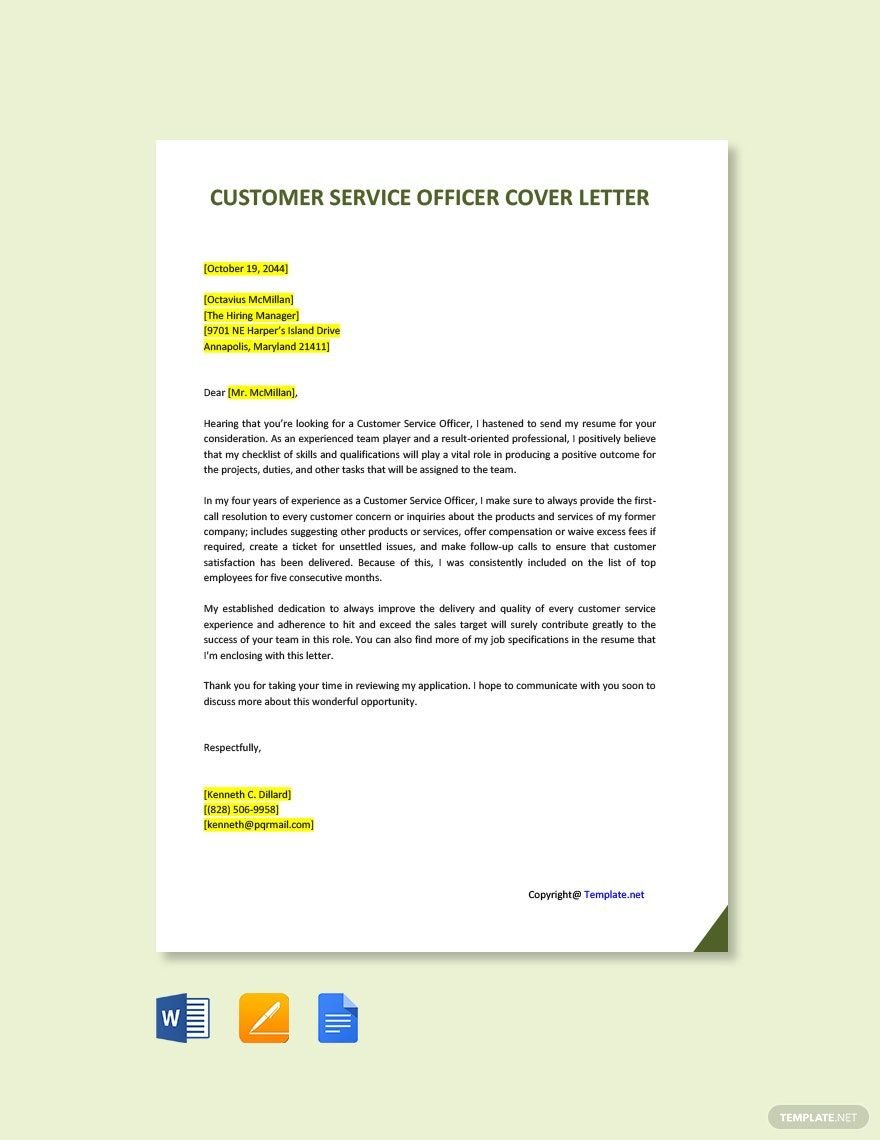 Customer Service Officer Cover Letter Template