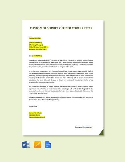 cover letter for customer service officer role