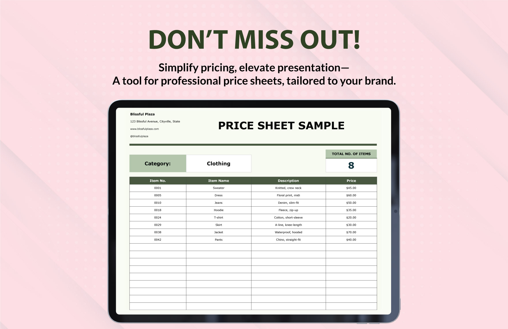 Price Sheet Sample Template