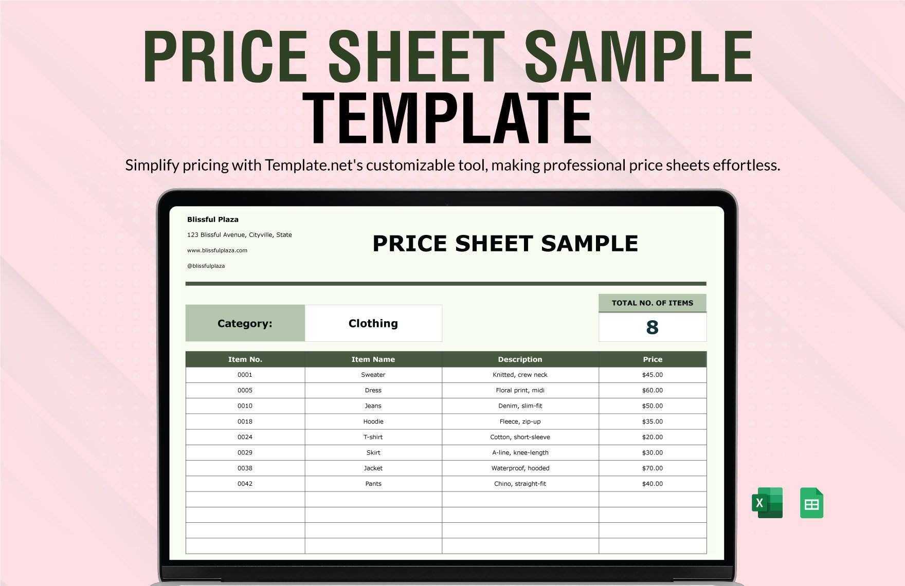 Price Sheet Sample Template in Excel, Google Sheets