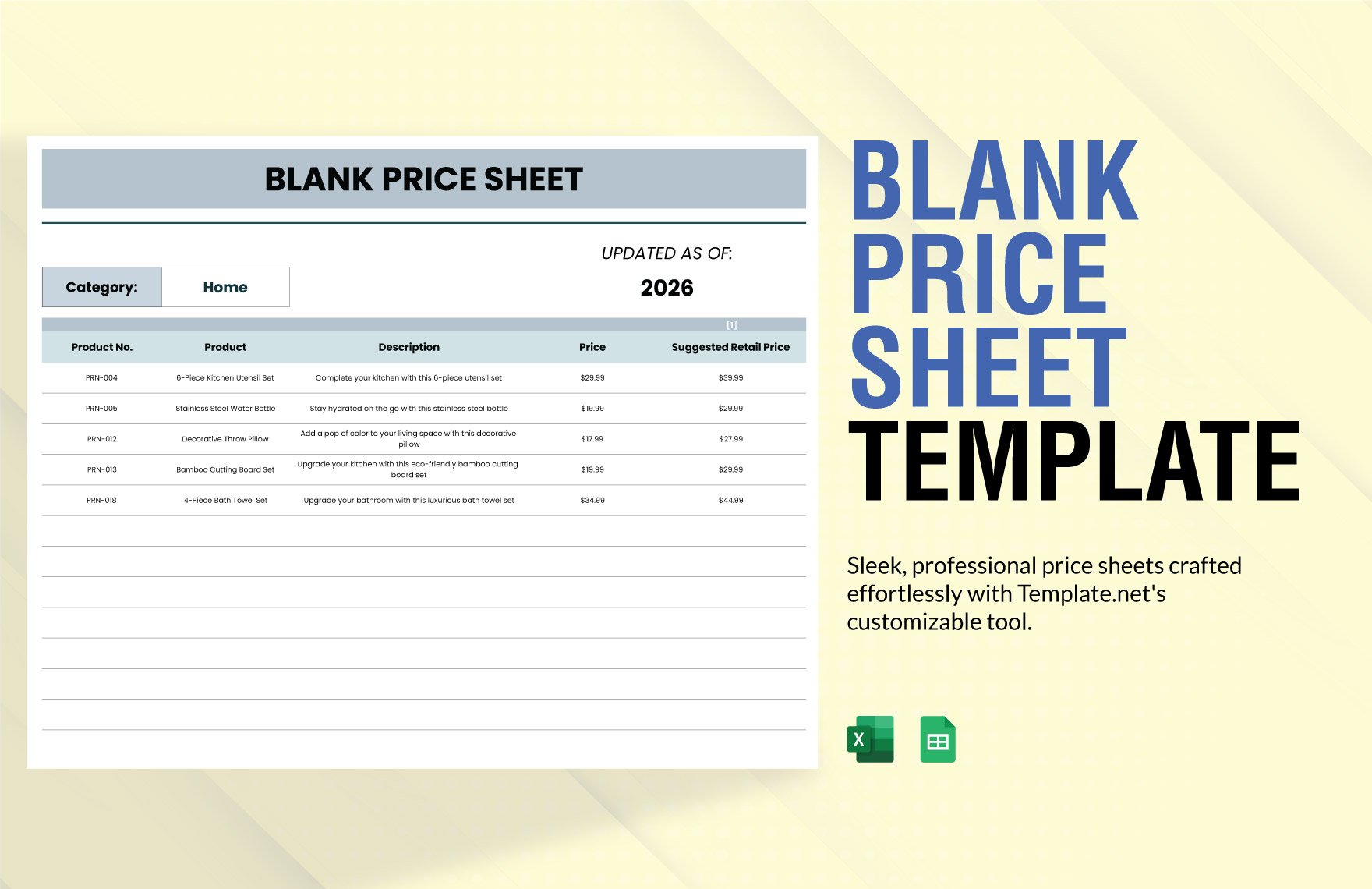 Blank Price Sheet Template in Excel, Google Sheets