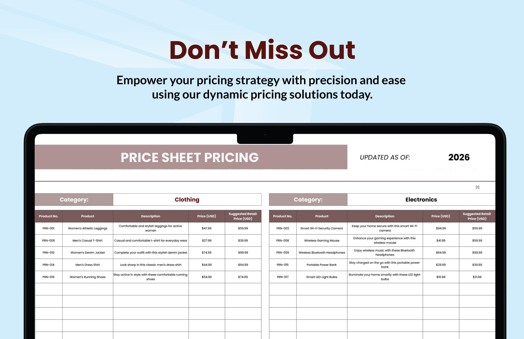 Price Sheet Pricing Template