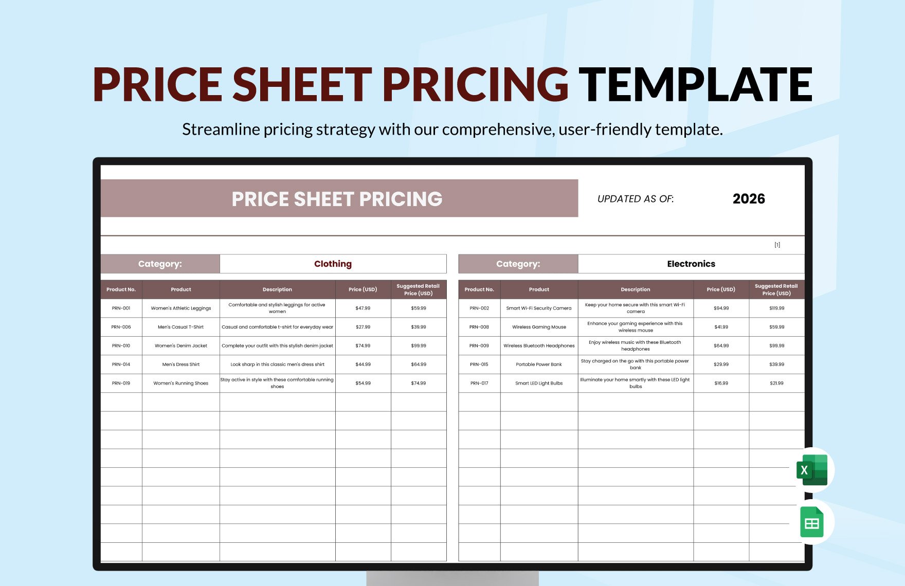 Price Sheet Pricing Template in Excel, Google Sheets