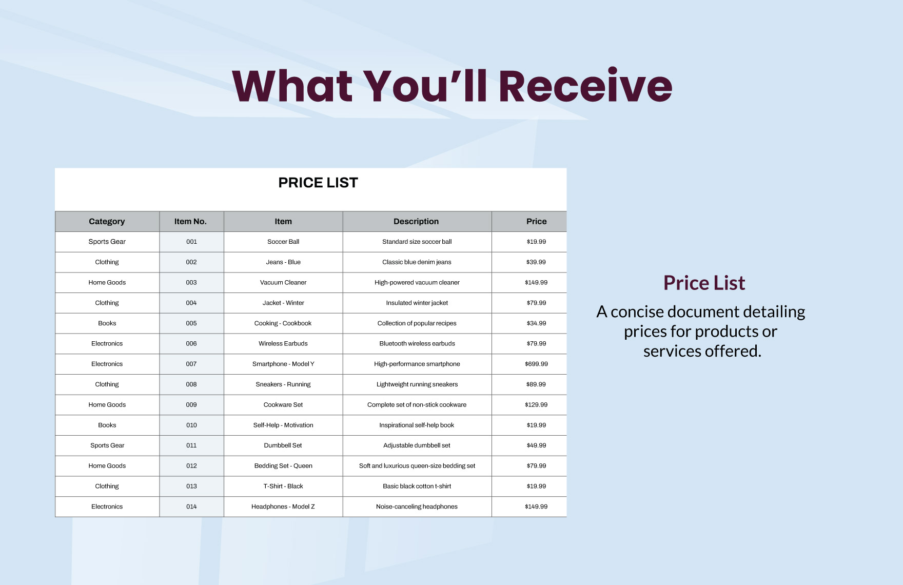 Sample Price Sheet Template
