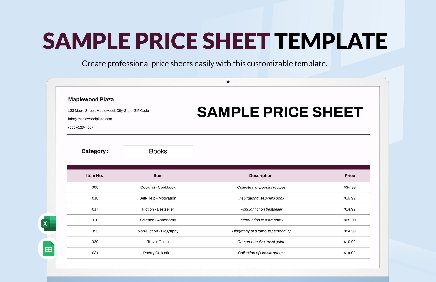 Sample Price Sheet Template in Excel, Google Sheets