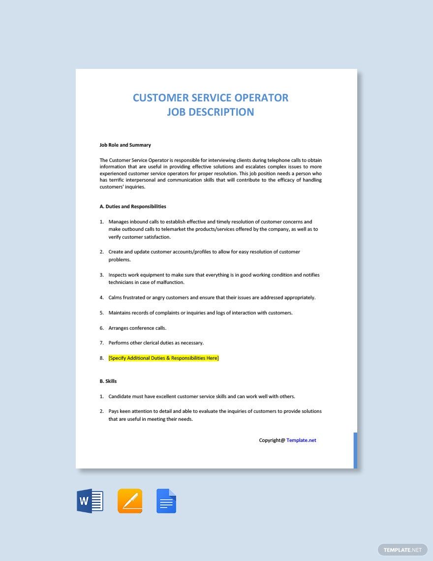 Customer Service Operator Job Description