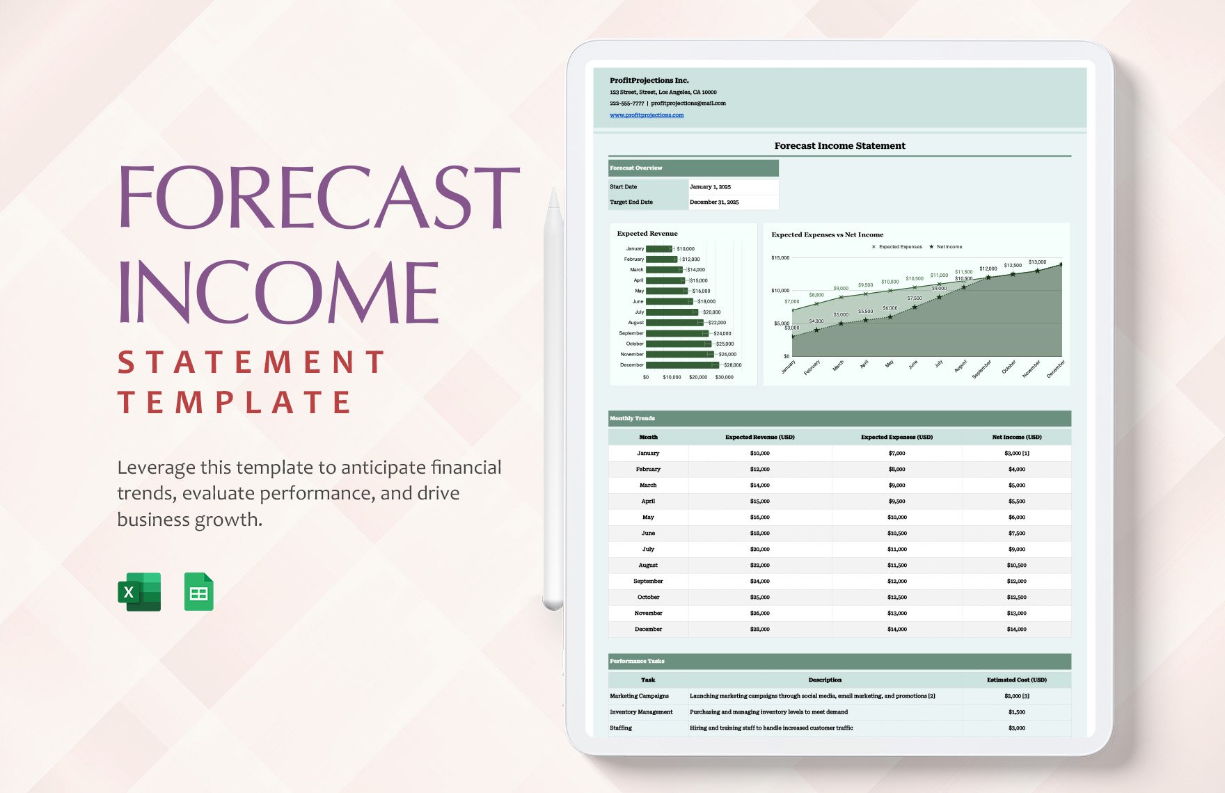 Forecast Income Statement Template in Excel, Google Sheets